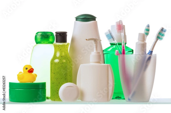 Fototapeta Shampoo and toothpaste with toothbrushes