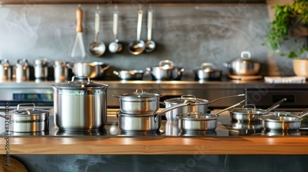 Fototapeta A kitchen counter with a variety of pots and pans stacked neatly, showcasing culinary organization
