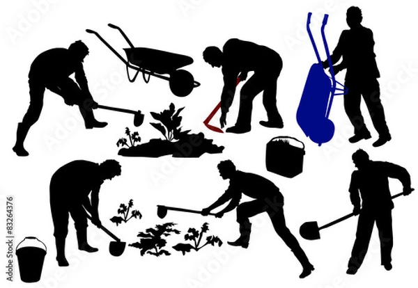 Fototapeta Silhouettes of farmers working with tools