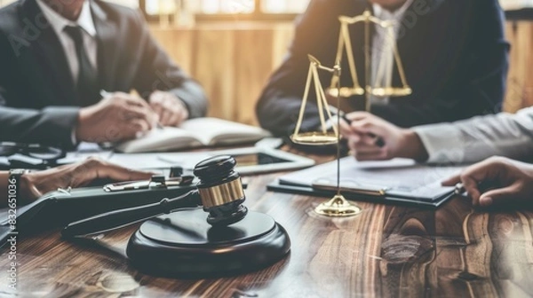 Obraz Two lawyers in a meeting reviewing legal documents with a gavel, scales of justice, and eyeglasses on the table, emphasizing the legal profession and justice system.