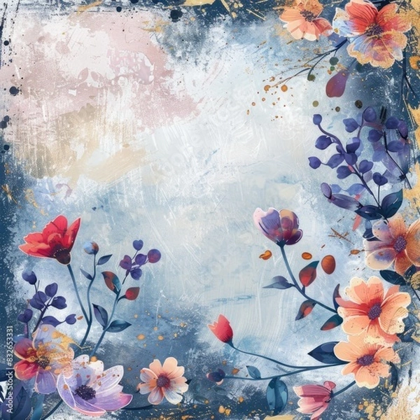 Fototapeta Floral pattern with advertising space. Romantic greeting card design in retro, grunge style. Decor with antique effect.