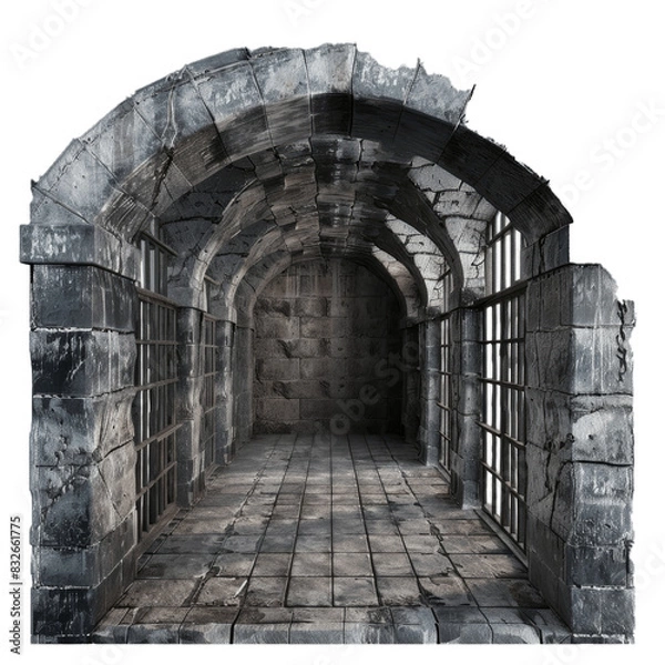 Fototapeta Old stone passageway with arched ceiling and windowpanes, isolated on a transparent background