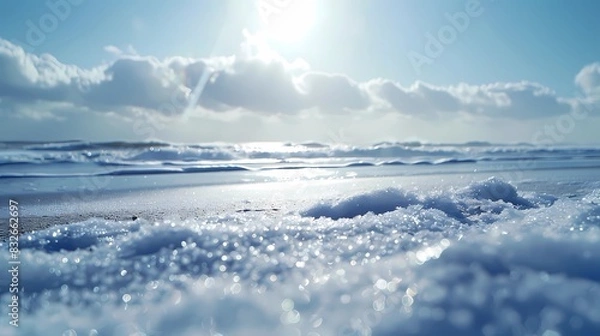 Fototapeta close-low angle view on a snow winter beach the sun shines through the clouds on a sunny day, Generative AI illustrations.