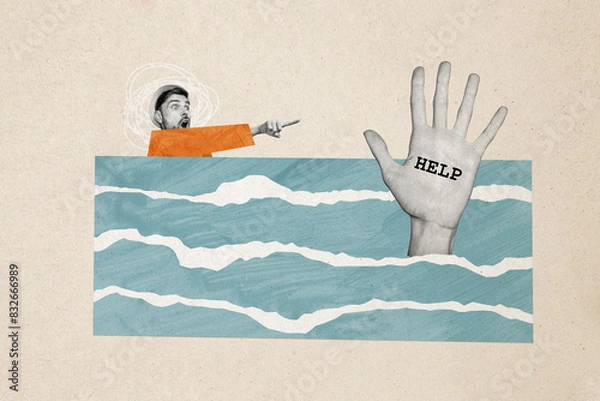 Fototapeta Composite photo collage of astonished guy point drown human hand help accident help summer ocean swim trip isolated on painted background