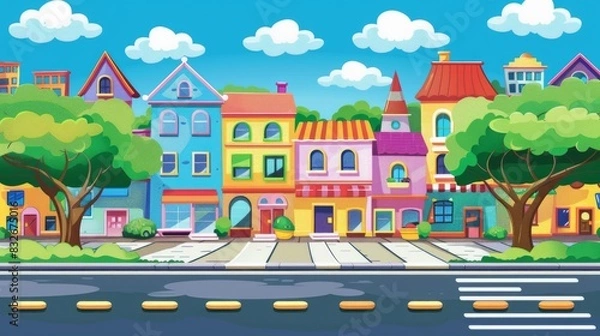 Obraz Colorful illustration of a whimsical cartoon town with cheerful houses and greenery