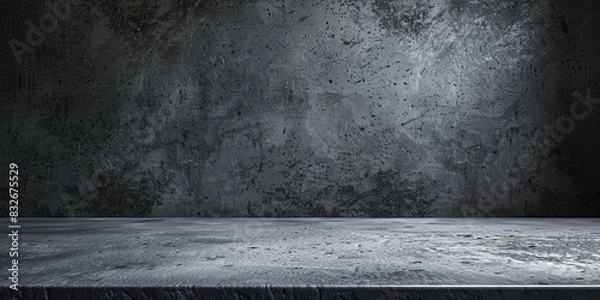 Fototapeta Gray granite stone showcase with natural light isolated on dark gray stone background, for tough man's product display, food curation, empty blank concrete room banner.