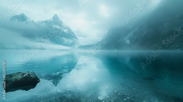Fototapeta A large body of water with a mountain in the background