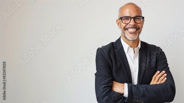 Fototapeta Mid aged successful mixed raced black businessman arm crossed standing confidently and smiling to the camera isolated on white background, portrait of a successful manager or businessman.