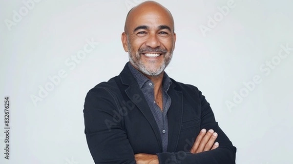 Fototapeta Mid aged successful mixed raced black businessman arm crossed standing confidently and smiling to the camera isolated on white background, portrait of a successful manager or businessman.