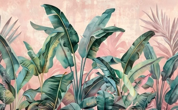Fototapeta Illustration of a tropical wallpaper pattern with watercolor texture, palm leaves, and banana leaves. a background with texture and tropical vegetation. AI generated illustration