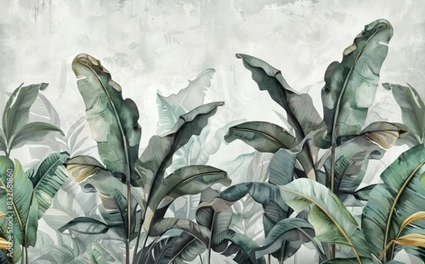 Fototapeta Illustration of tropical wallpaper print design with palm banana leaves and birds on canvas texture. Tropical plants and birds on textured background. AI generated illustration