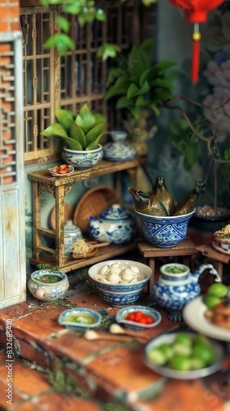 Fototapeta Miniature Thai Kitchen Delight: Intricate Details of Tiny Utensils and Food Textures