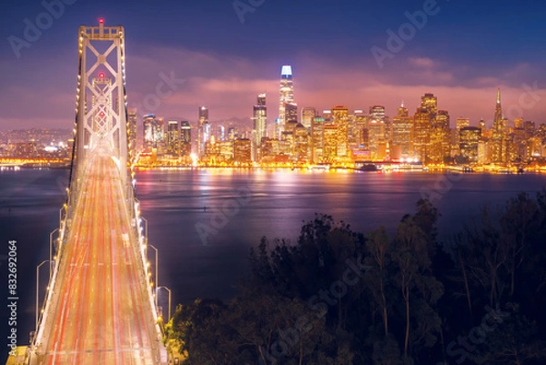 Fototapeta Wonderful view from the height of Oakland Bridge in San Francisco at sunset
