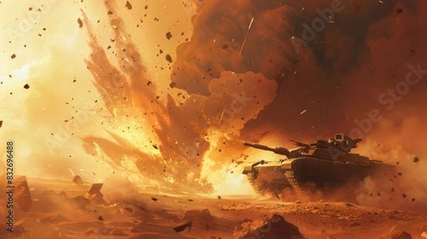 Fototapeta Armored tank in explosive battlefield scene