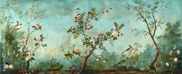 Fototapeta blossom tree With sparrow, finches, butterflies, dragonflies. Seamless pattern, background. Chinoiserie, traditional oriental botanical motif. AI generated illustration