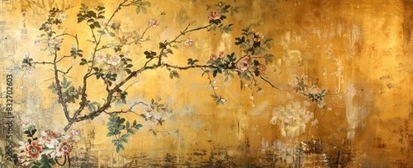 Fototapeta blossom tree With sparrow, finches, butterflies, dragonflies. Seamless pattern, background. Chinoiserie, traditional oriental botanical motif. AI generated illustration