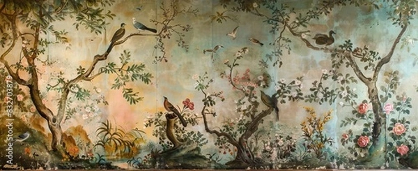 Fototapeta 3d wallpaper design with branches, birds and flowers for digital wall print. AI generated illustration