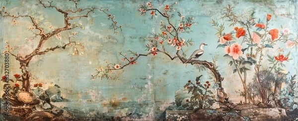 Fototapeta blossom tree With sparrow, finches, butterflies, dragonflies. Seamless pattern, background. Chinoiserie, traditional oriental botanical motif. AI generated illustration
