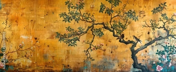 Fototapeta 3d wallpaper design with branches, birds and flowers for digital wall print. AI generated illustration