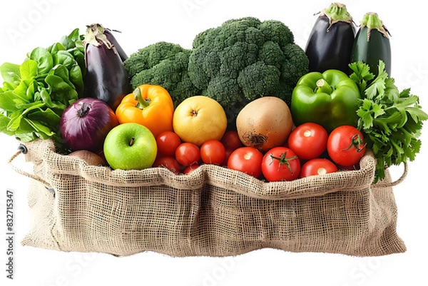 Fototapeta A diverse collection of fresh vegetables and fruits in a burlap sack, showcasing healthy eating.