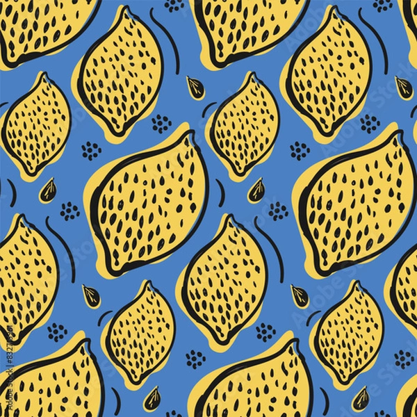 Fototapeta Fresh lemons seamless pattern for fabric, drawing labels, prints, wallpaper, fruit background. Lemon doodle style, vector illustration