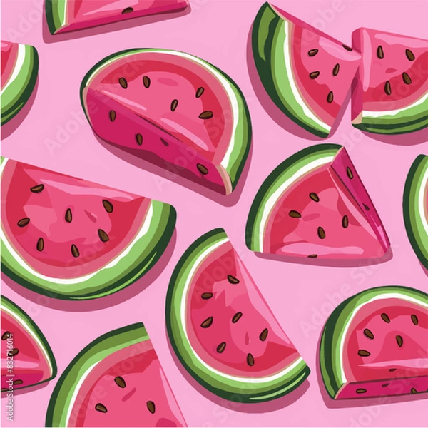 Fototapeta Seamless summer pattern with watermelon slices on a pink background in cartoon style