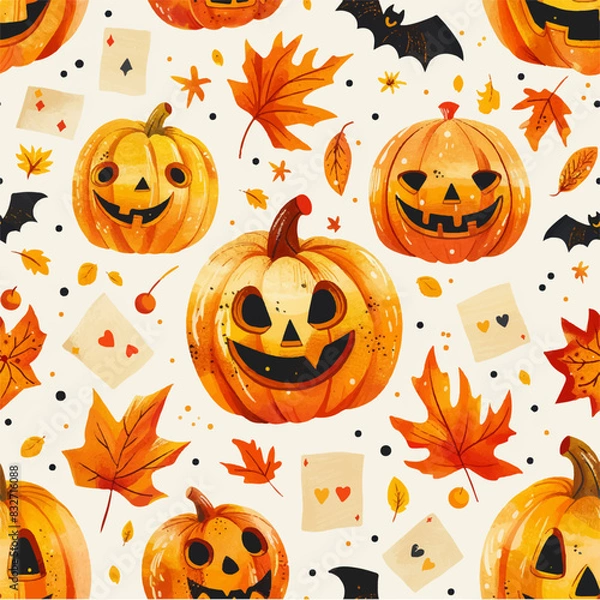 Fototapeta Seamless Halloween pattern with pumpkins and leaves on a white background in cartoon style