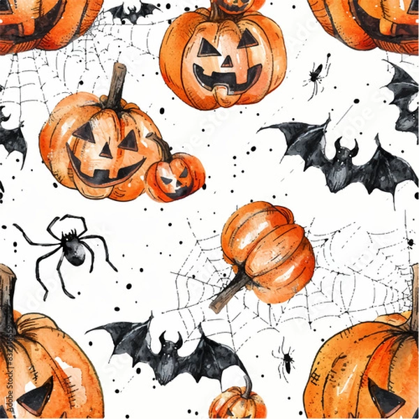 Fototapeta seamless pattern for Halloween with pumpkins, bats, spiders, cobwebs. autumn print for the holiday. suitable for fabric