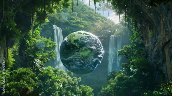 Fototapeta hologram of Earth suspended in a verdant jungle setting, framed by towering trees and surrounded by cascading waterfalls