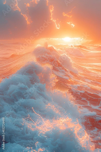 Fototapeta The rhythmic rise and fall of waves, bathed in the golden light of sunset, promoting a sense of tranquility,