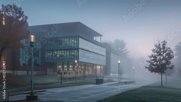 Fototapeta Early morning fog enveloping a biomedical research center, creating a serene yet mysterious atmosphere
