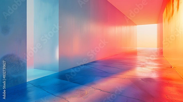 Fototapeta Symmetrical hallway painted in vibrant magenta and electric blue, casting shadows on the rectangular flooring. Art decorates the walls, with light peeking through the colorful tints and shades