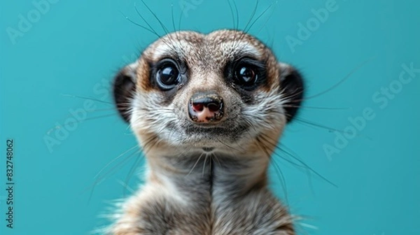 Fototapeta   Meerkat facing camera, blue background close-up