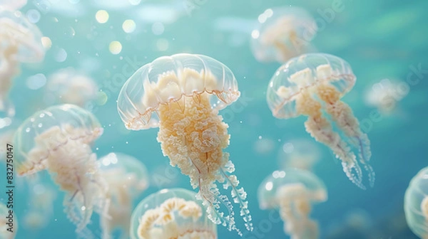 Fototapeta Several jellyfish float underwater, beautiful, fragile marine life, tropical animals living in the sea or ocean