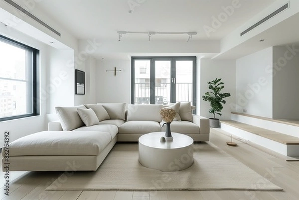 Fototapeta Minimalist living room with a monochromatic color palette and clean lines.