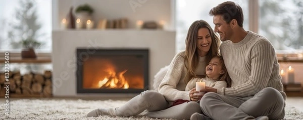 Obraz Family enjoying time by the fireplace