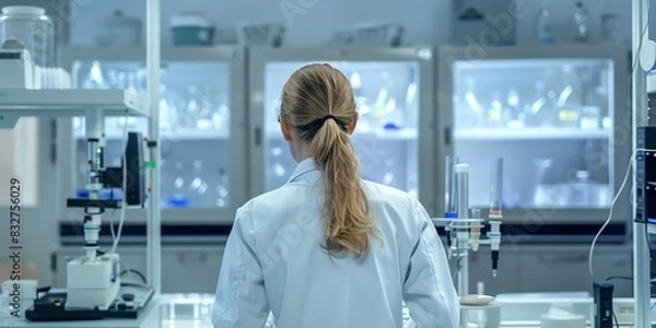 Obraz Researcher in the lab, back view, setting up a chromatography experiment, advanced lab equipment visible