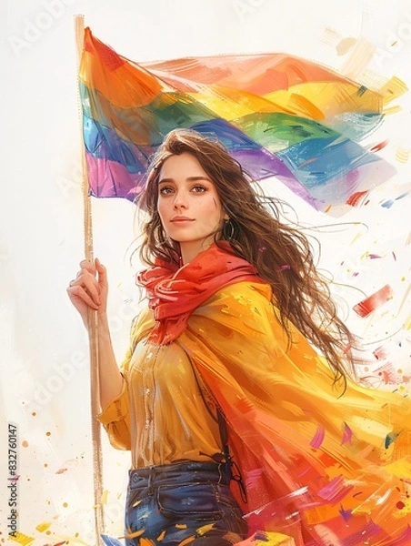 Fototapeta A female character portrait and a confident expression, holding a rainbow flag, isolated on a white background.