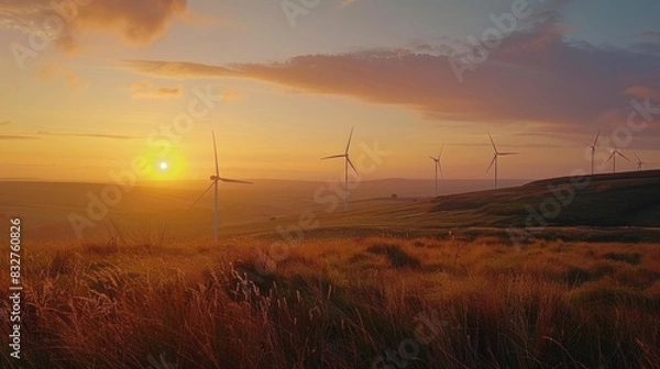 Fototapeta A golden sunset casts a warm glow over a of wind turbines in an isolated rural landscape.