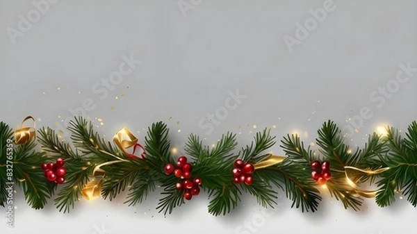 Fototapeta Isolated on a translucent background is a border featuring gold lights, red berries, and green fir trees. Christmas evergreens and pine trees seamless banner. Christmas tree garland decoration in vect