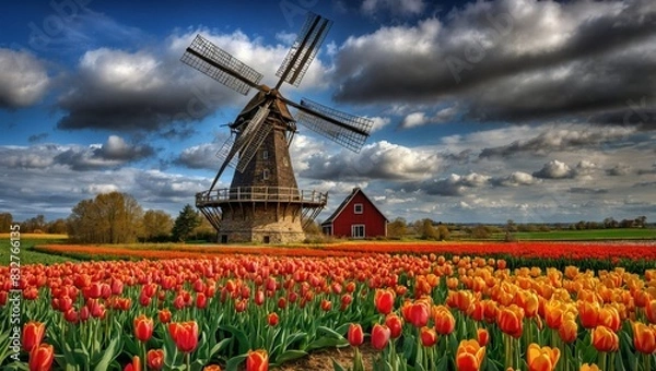 Fototapeta Timeless Tulips and Rustic Windmill