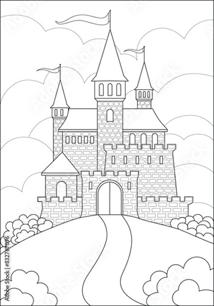 Fototapeta Medieval castle, fortress on a hill against a background of clouds - vector linear picture for coloring. Outline. Fantasy Castle with towers, fortress walls and loopholes and windows for a coloring 