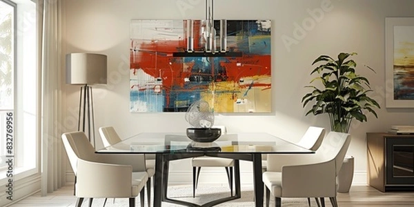 Fototapeta Modern dining room with a glass table, modern chairs, and abstract art