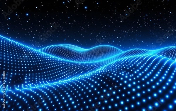 Fototapeta Abstract background with glowing blue dots on a dark black wavy vector illustration for technology, digital, and data network concepts