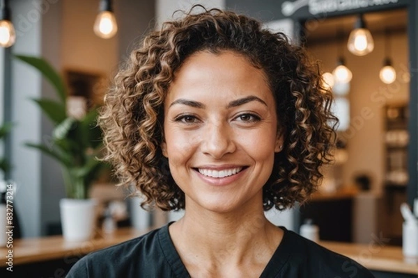 Fototapeta Close Portrait of Smiling small beauty salon owner
