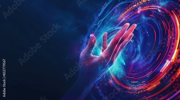 Fototapeta Abstract digital background with a hand touching a futuristic hologram and multi-colored 