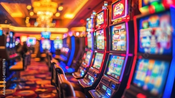 Obraz Colorful slot machines in a vibrant casino interior with blurred background