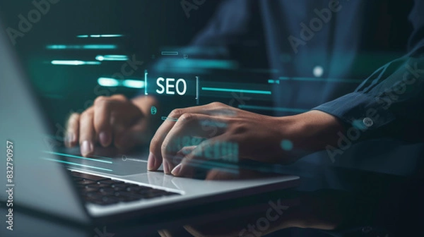 Fototapeta A man makes a search query on a laptop. Holographic effects. SEO concept