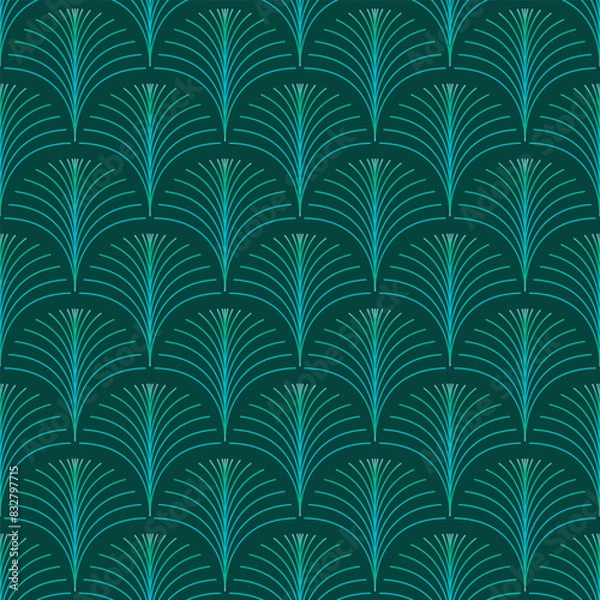 Fototapeta Art Deco style decorative pattern with dark green fan shaped motifs. Vintage art deco design with palm leaf motifs.