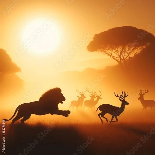 Fototapeta A lion chasing a desert during sunset in a jungle of africa. Wildlife and nature. Hunting of deer. Lion hunting dear.